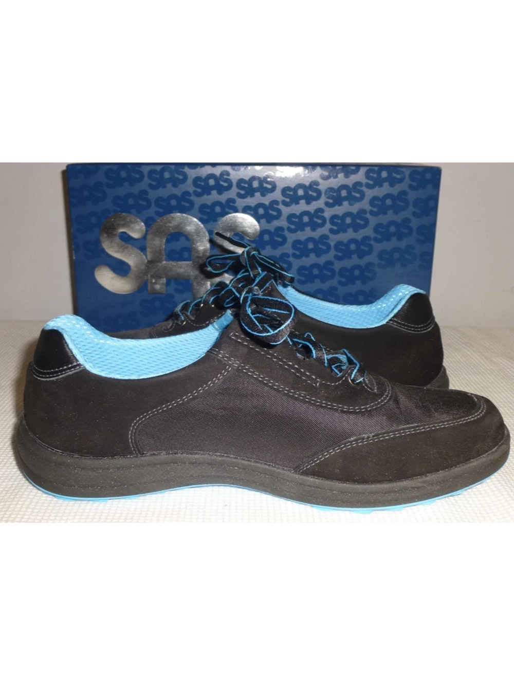 NIB $160 SAS SPORTY Black & Blue accents Walking Sneakers Shoes Size 6.5 M